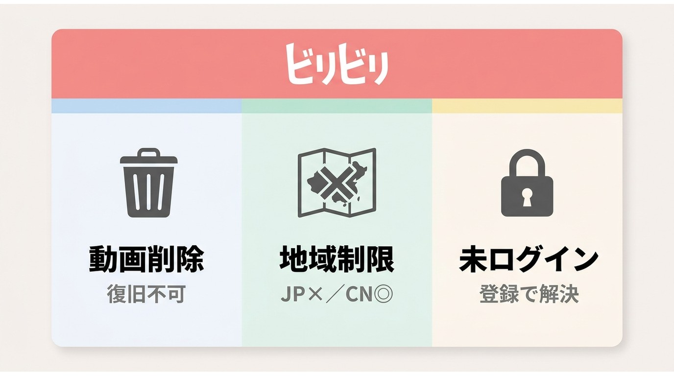 Bilibiliの「啊叻？视频不见了？」が出る3ケース比較：動画削除・地域制限・未ログインの違いと対処可否