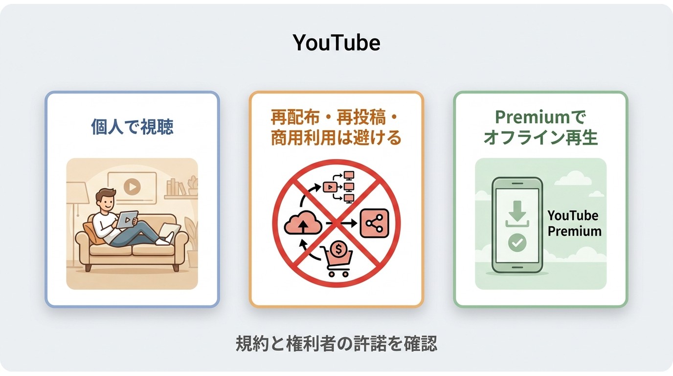 YouTube動画の私的視聴、再配布禁止、YouTube Premium利用の考え方