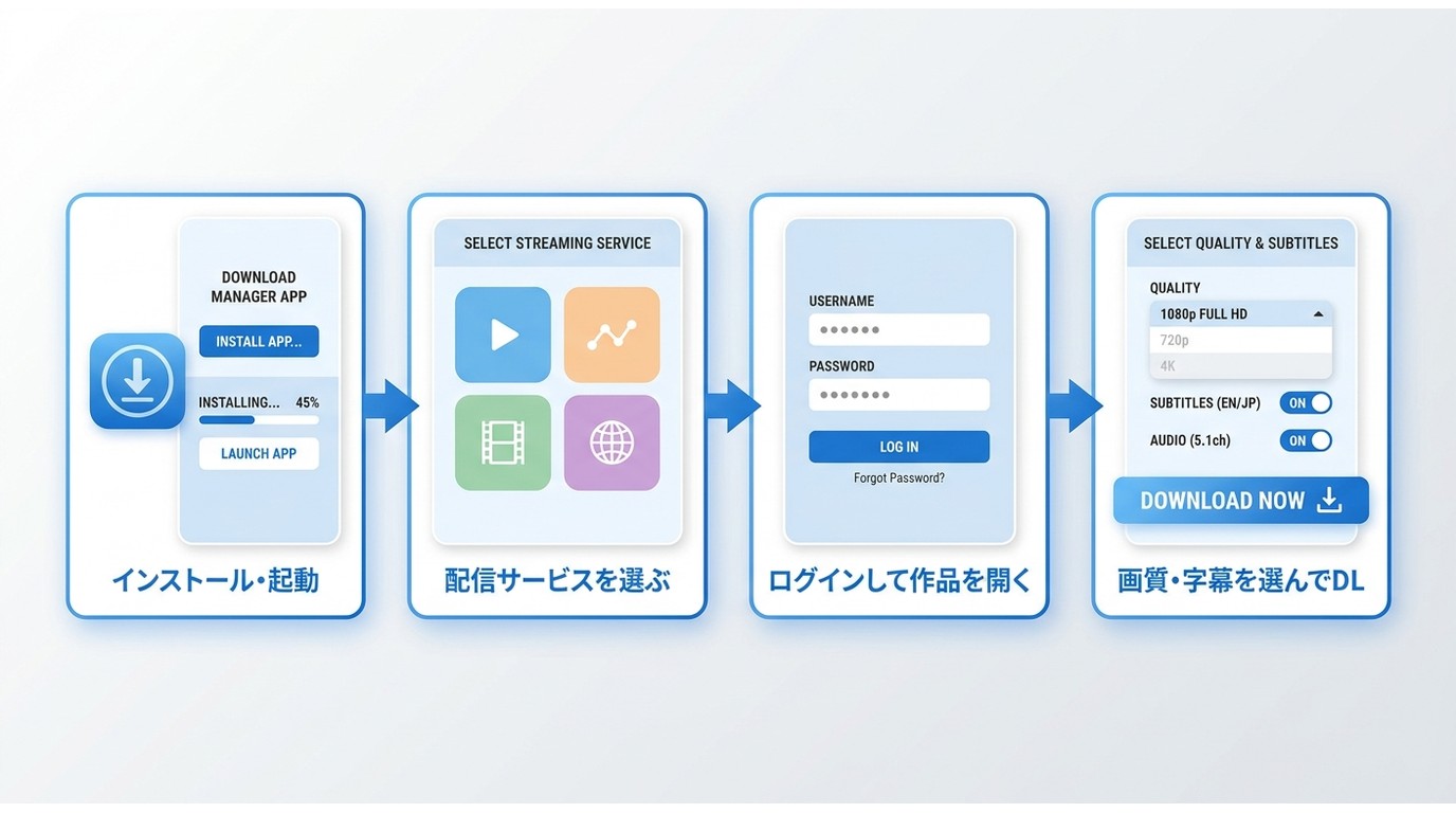 StreamFabで動画を保存する4ステップ:インストール→サービス選択→ログイン→画質・字幕を選んでダウンロード