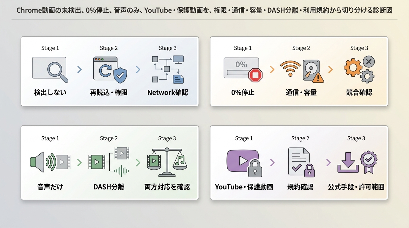 Chrome動画が検出されない、停止する、音声だけになる場合の原因切り分け