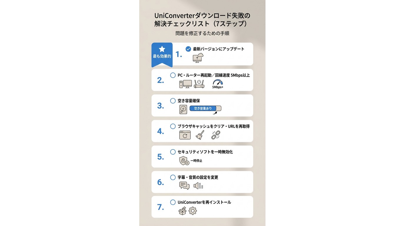 UniConverterでダウンロードできない時の対処手順7ステップ:アップデートから再インストールまで