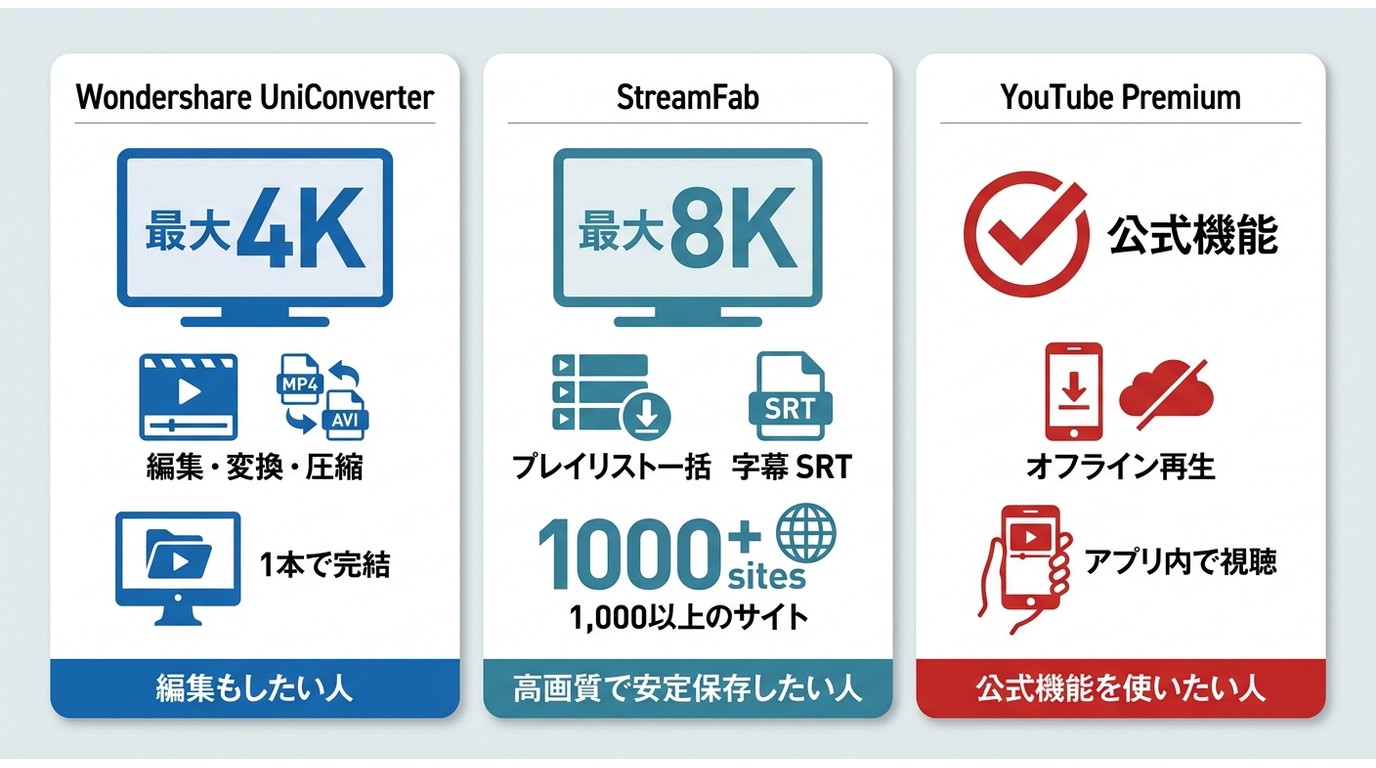 UniConverter、StreamFab、YouTube Premiumの画質、機能、用途の比較