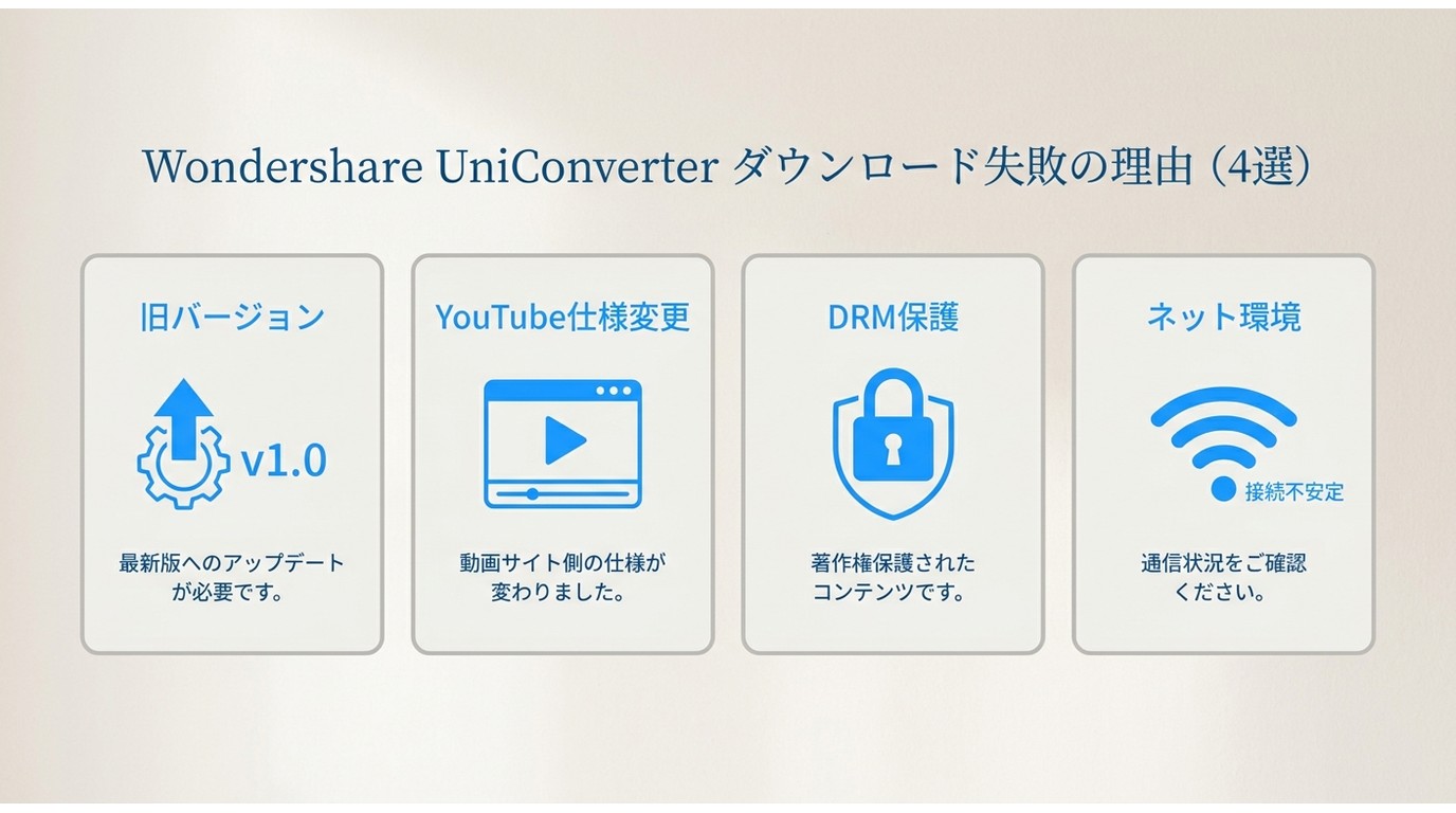 UniConverterでダウンロードできない4つの原因：旧バージョン・YouTube仕様変更・DRM保護・ネット環境