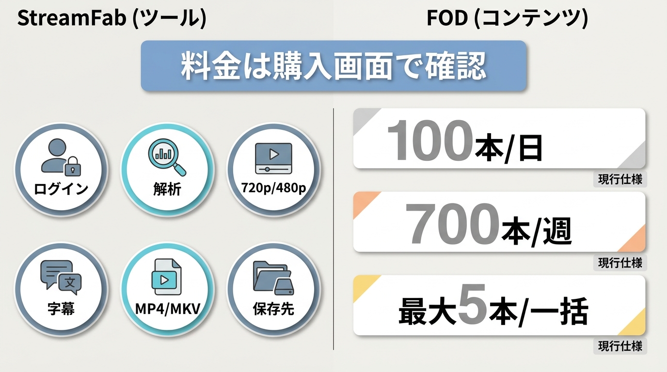 StreamFab無料体験の確認項目と1日100本・週700本・一括5本の上限