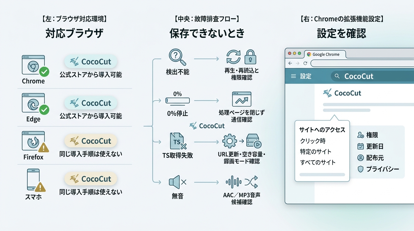 CocoCutを導入できるChrome・Edgeと、同じ手順を使えないFirefox・スマホ