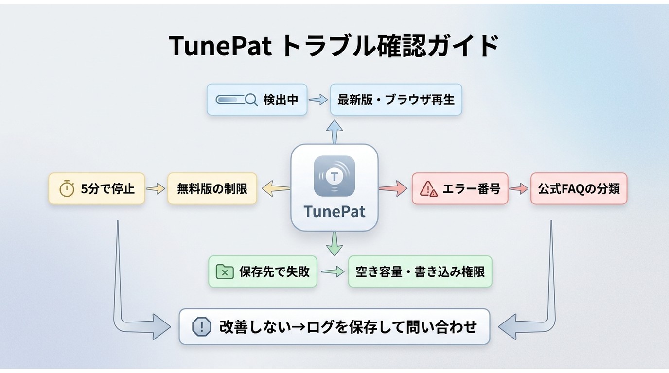 TunePatの4症状から無料版制限、再生確認、エラー番号、保存先へ進む確認順序