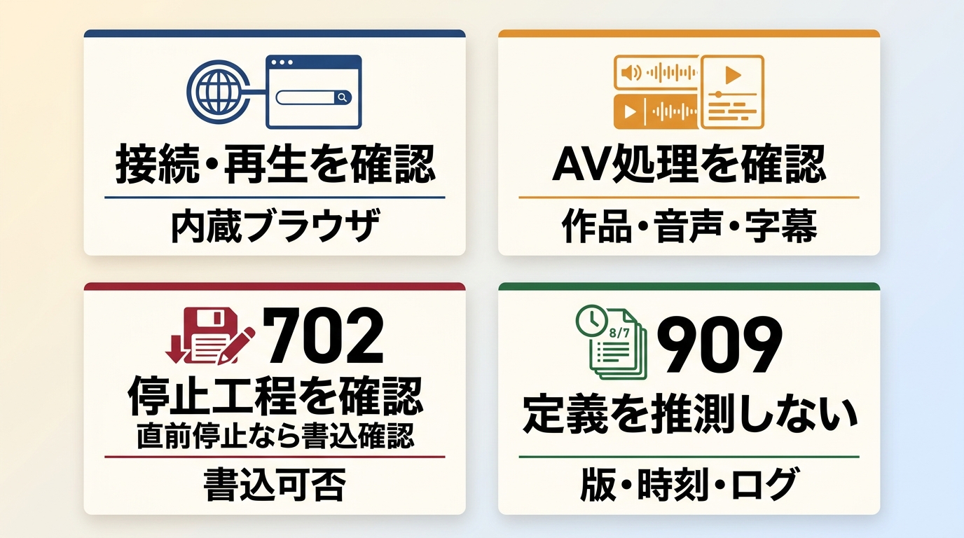 StreamFabの310・605・702・909を停止工程と最初の確認項目で比較