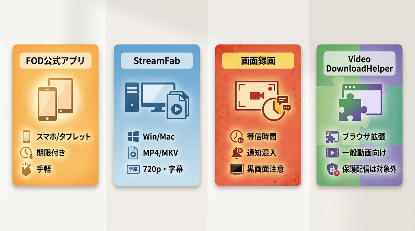 FOD公式アプリ、StreamFab、画面録画、Video DownloadHelperの違い
