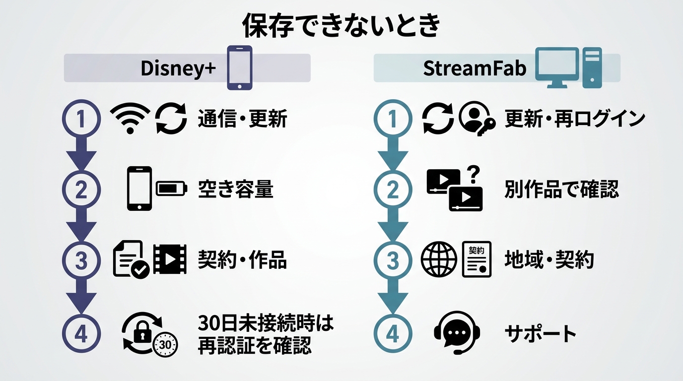 Disney+公式アプリとStreamFabなどのPCソフトで保存できない場合の確認順序