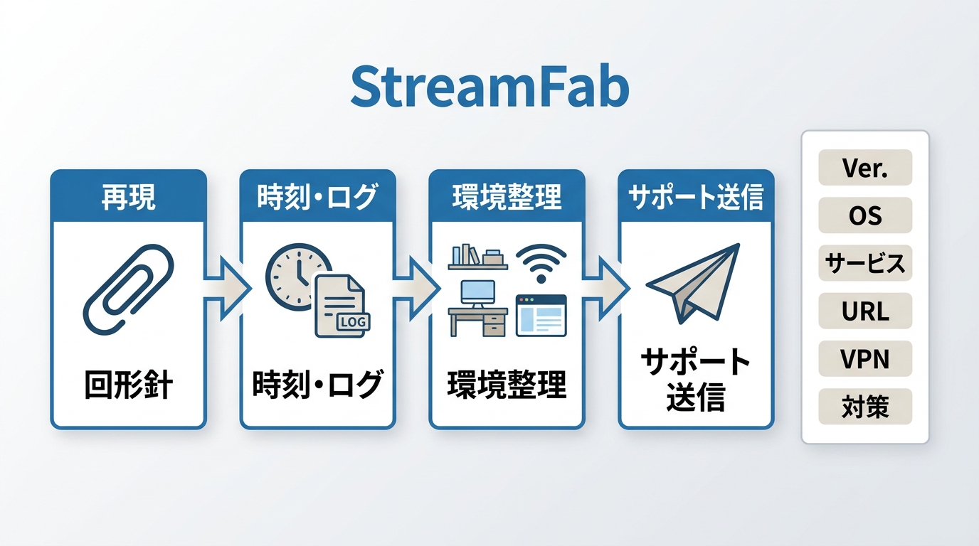 StreamFabの再現直後のログ、発生時刻、環境情報をサポートへ送る流れ
