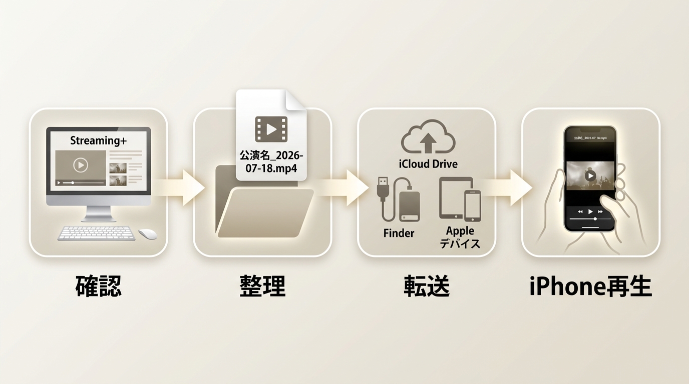 Streaming+のMP4をPCで確認し、iCloud DriveなどでiPhoneへ移す手順