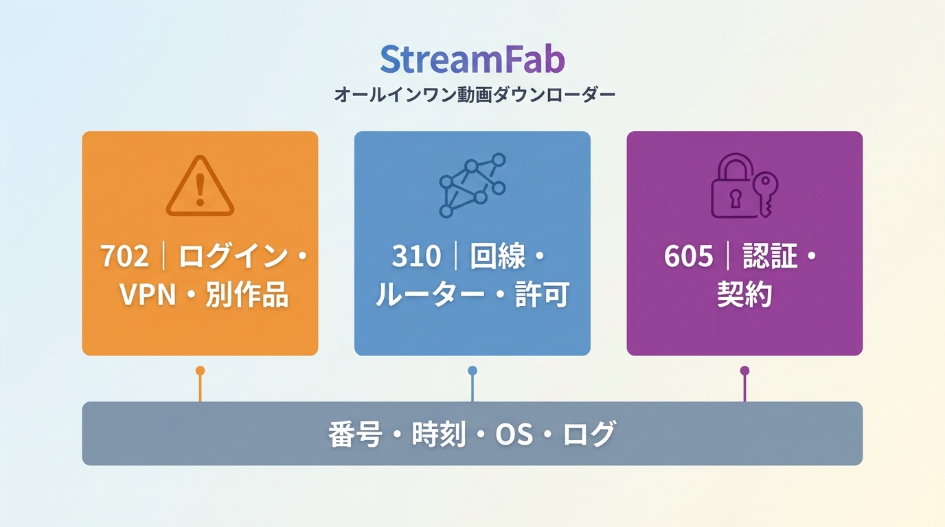 StreamFabのエラー702・310・605で確認するログイン、通信、認証の違い