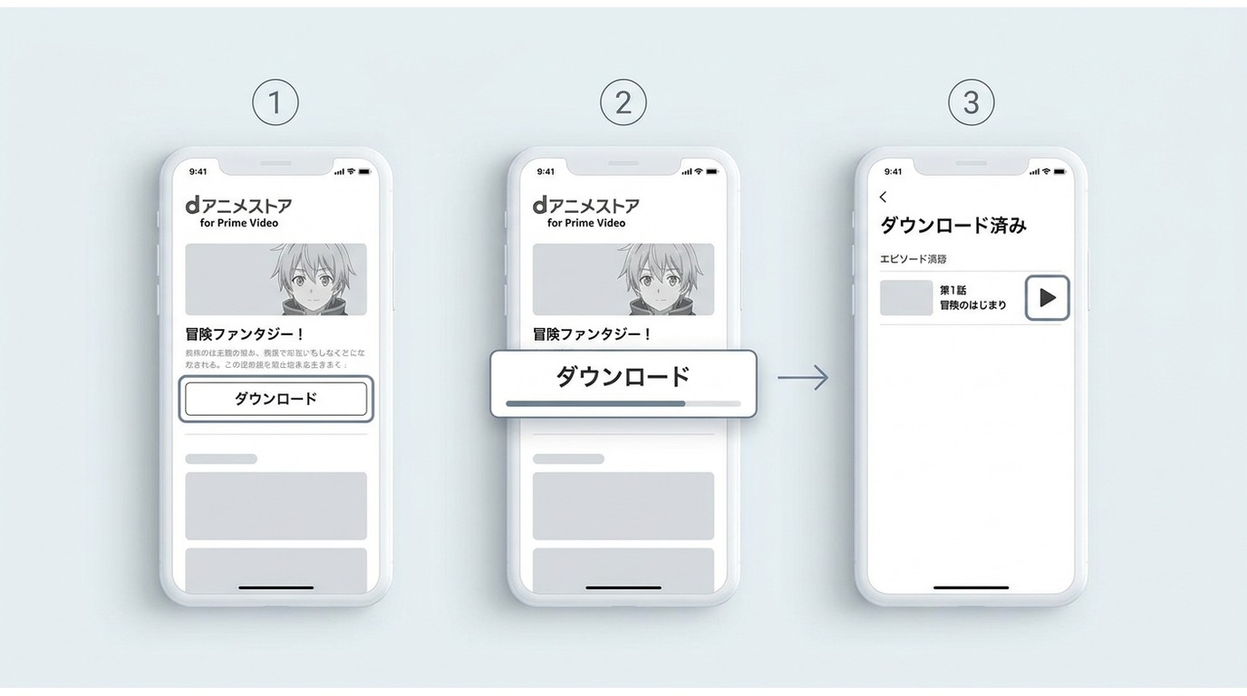 Prime Videoでdアニメ作品をダウンロードし、アプリ内の一覧から再生する手順