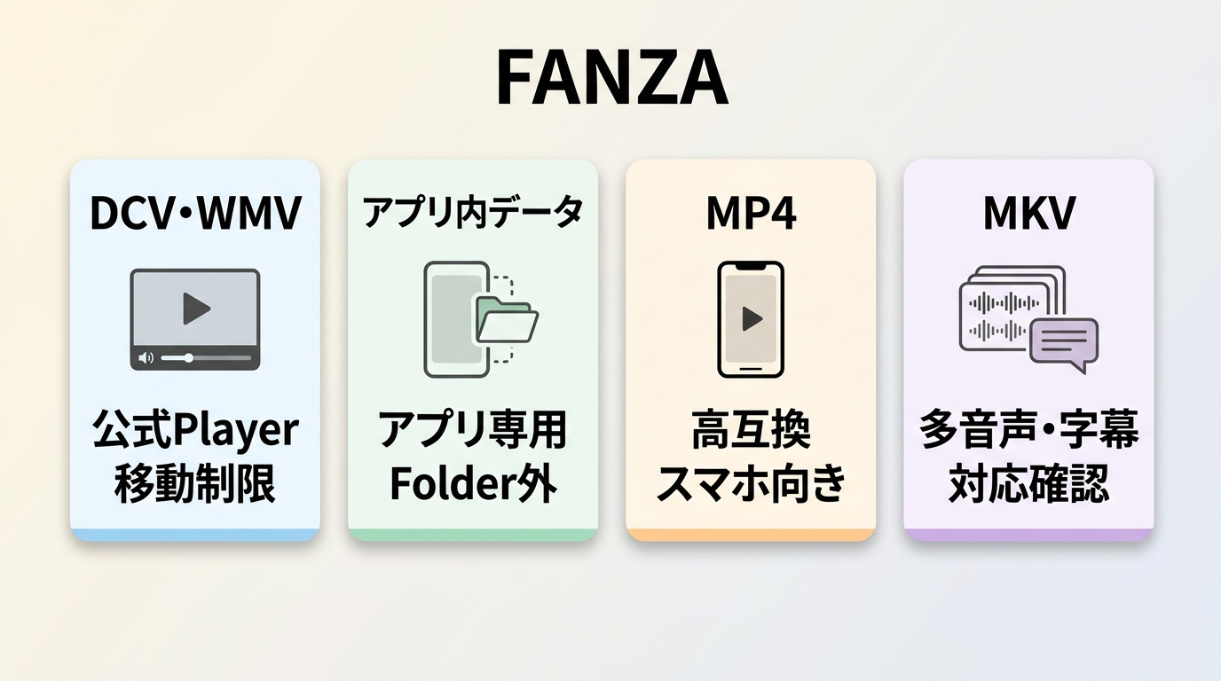 FANZAで扱うDCV・WMV、アプリ内データ、MP4、MKVの用途比較