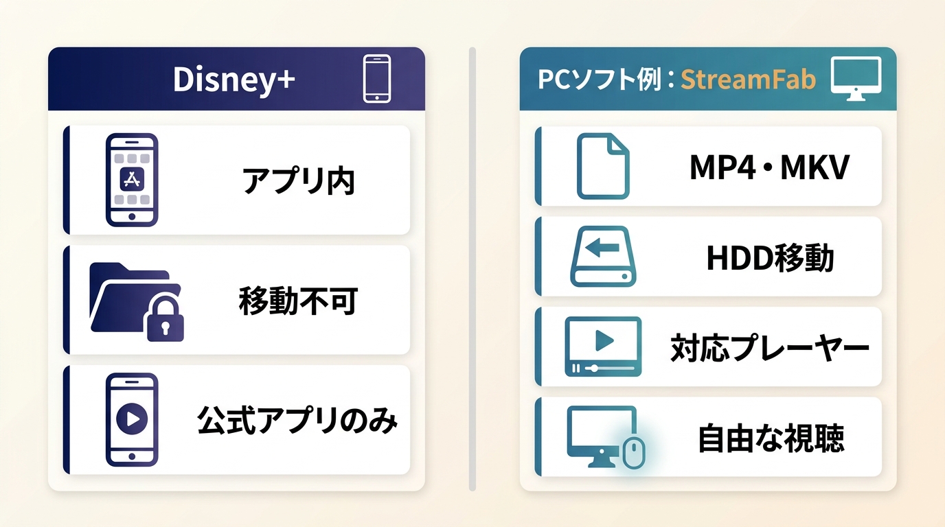 Disney+公式アプリ内保存とMP4・MKV保存の保存先・移動・再生方法の違い