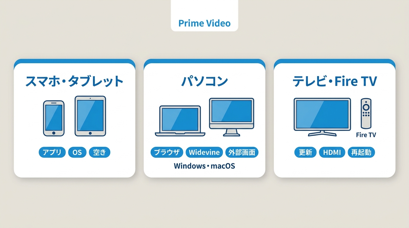 Prime Videoをスマホ、パソコン、テレビで確認するときの端末別チェック項目