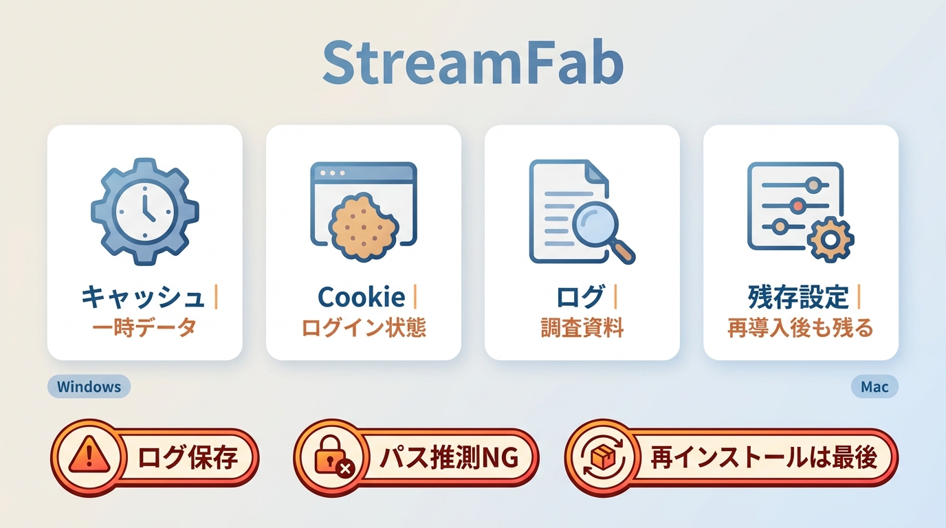 StreamFabのキャッシュ、Cookie、ログ、残存設定の違いと削除前の注意点