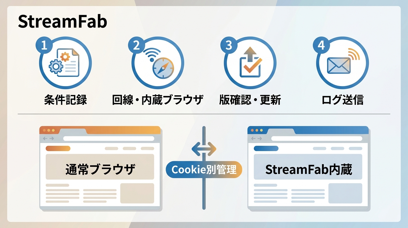 StreamFabの発生条件記録から内蔵ブラウザ確認、更新、ログ提出までの順序