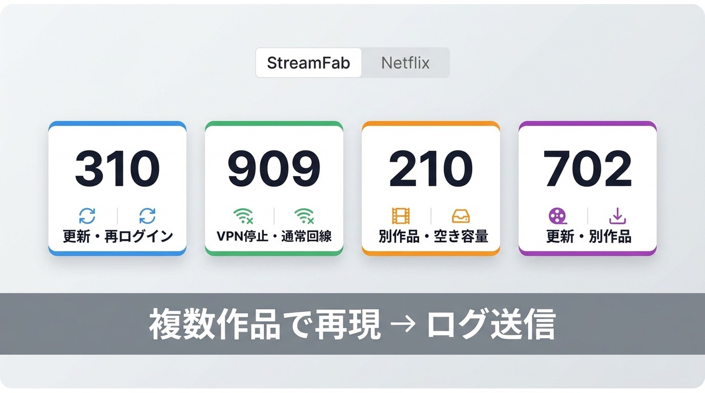 StreamFabのエラー310・909・210・702と最初の対処