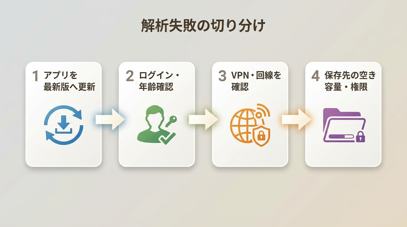 4K Video Downloader Plusの解析失敗を更新、ログイン、通信、保存先の順に切り分ける流れ