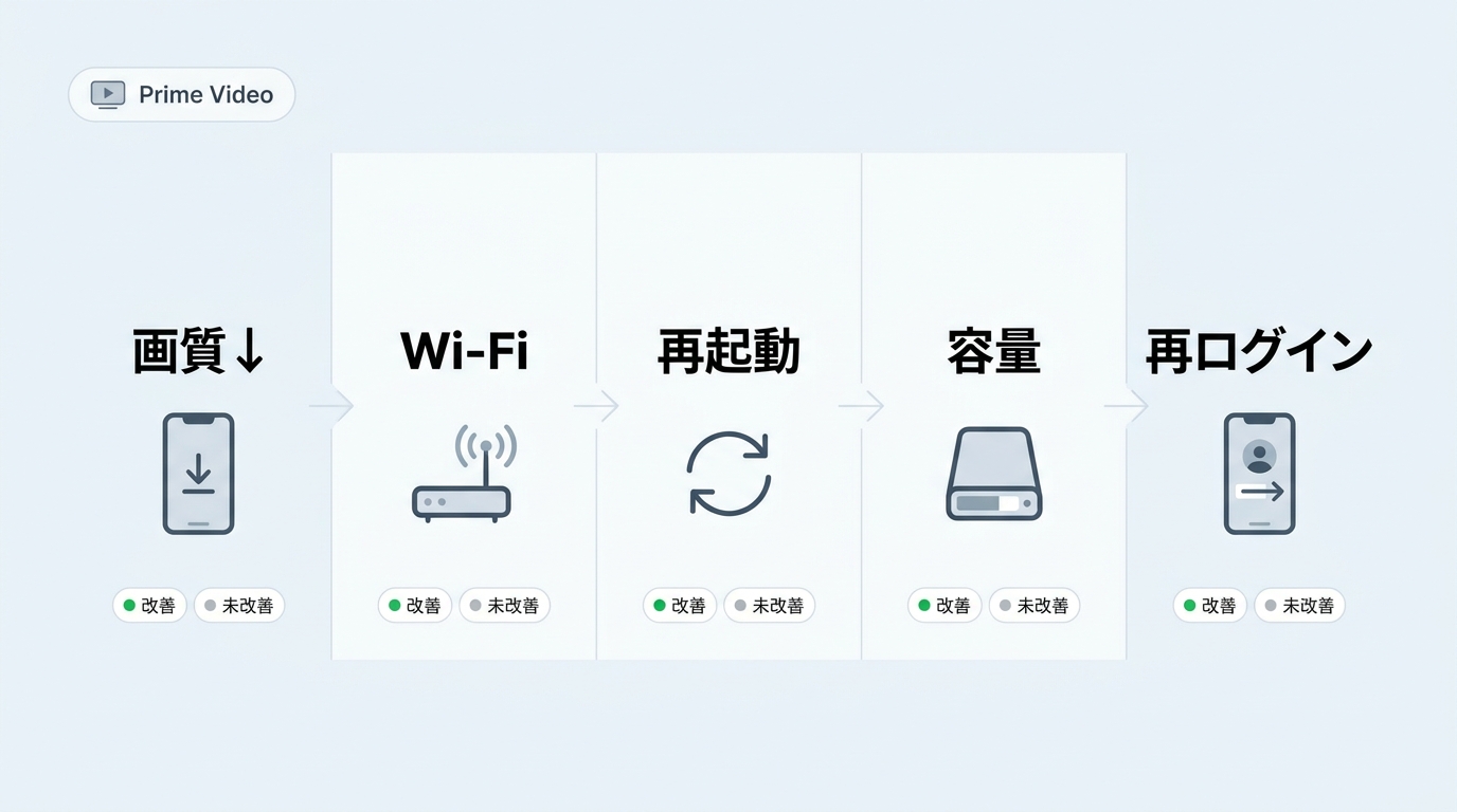 Prime Videoのダウンロード不調を5段階で確認する手順図