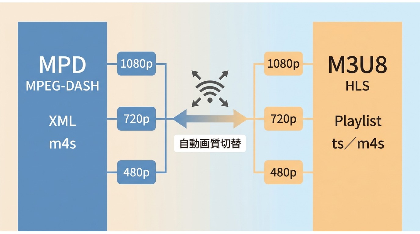 MPDのMPEG-DASHとM3U8のHLSを配信方式やセグメント形式で比較