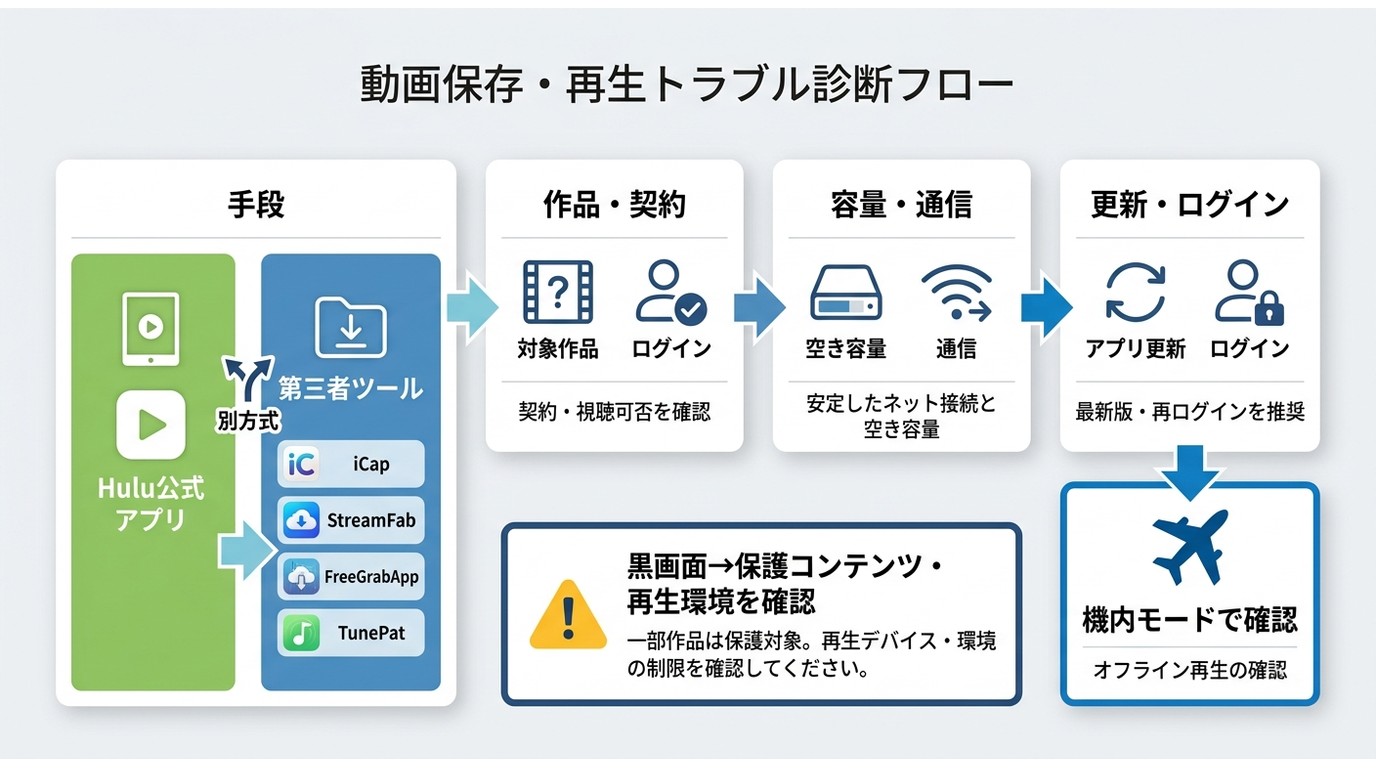 Huluを保存・再生できない場合の確認順と、機内モードでの事前確認