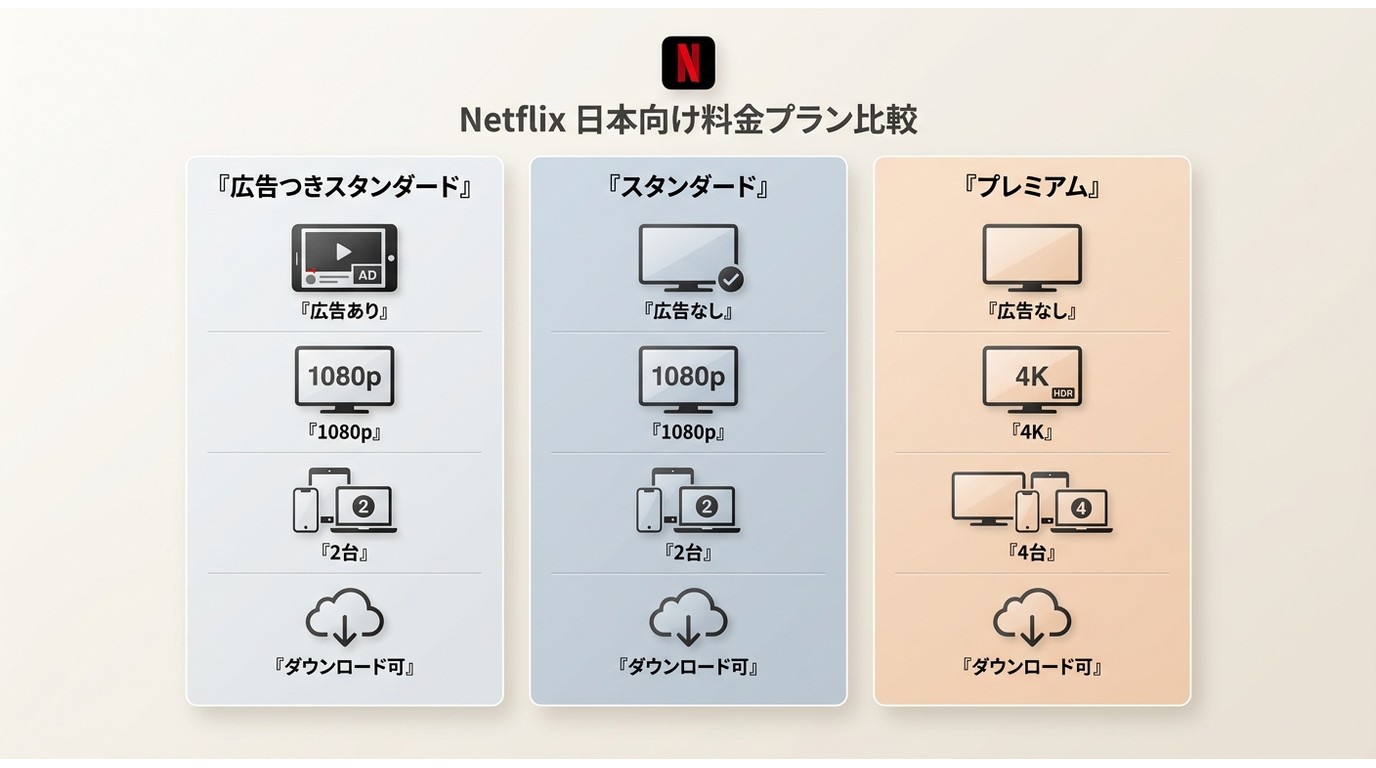 Netflixの料金プラン別に広告有無や画質などの違いを並べた比較