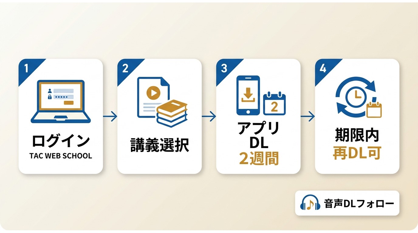 TAC WEB SCHOOLの公式ダウンロード手順と2週間視聴、受講期限内の再取得の関係