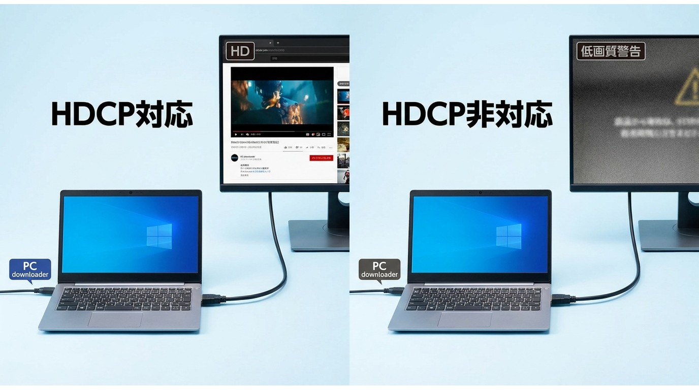 HDCP対応と非対応で画質差が出る接続条件の説明図