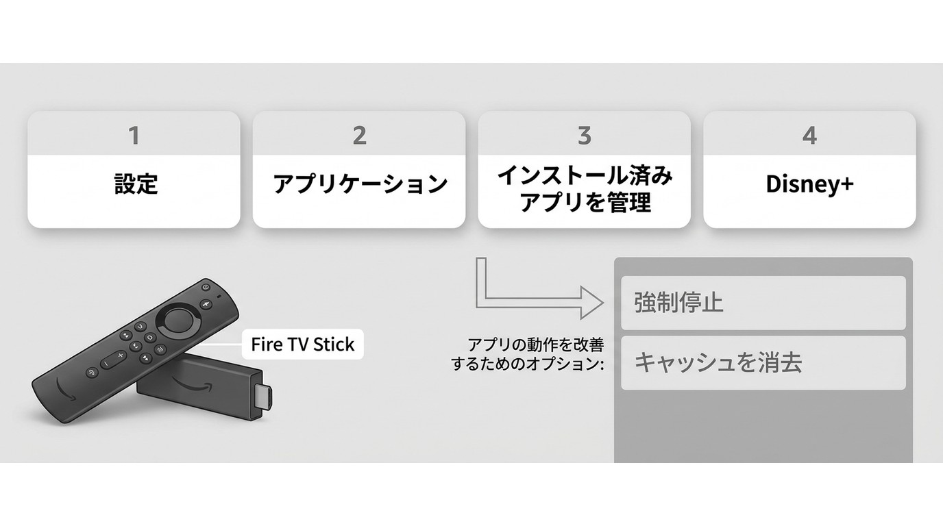 Fire TVでDisney+の強制停止とキャッシュ消去を開く設定経路