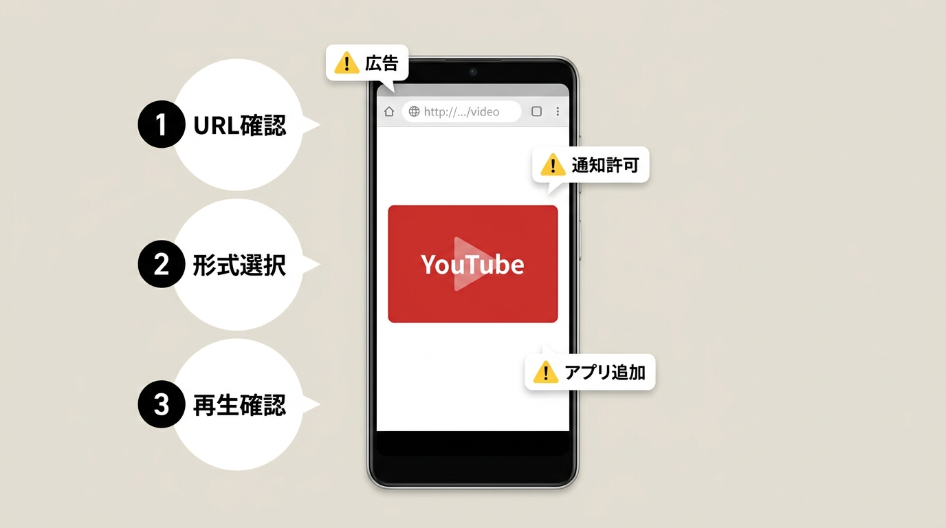 スマホでのブラウザ型YouTube MP4変換の3手順と誤タップ注意点