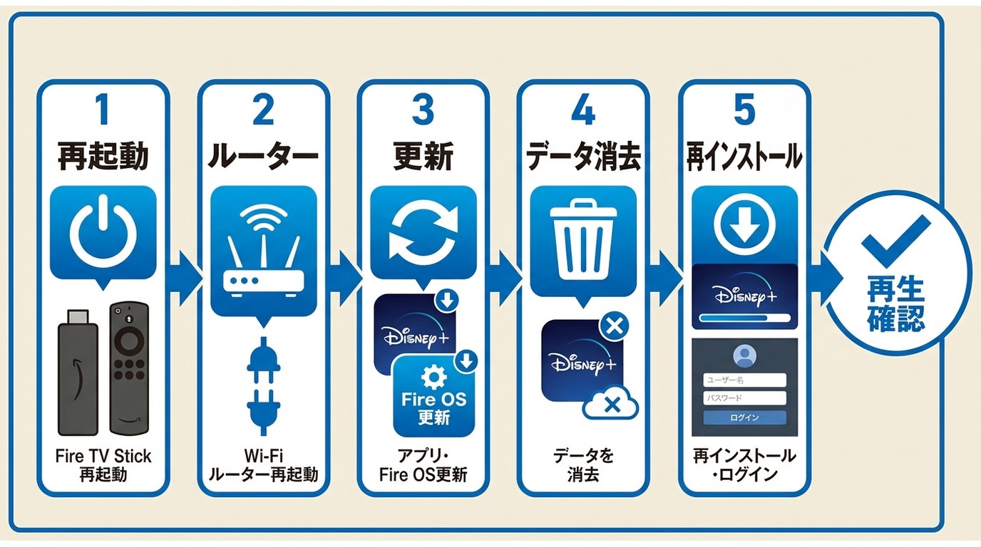 Fire TVとDisney+の復旧手順を順番に示した流れ