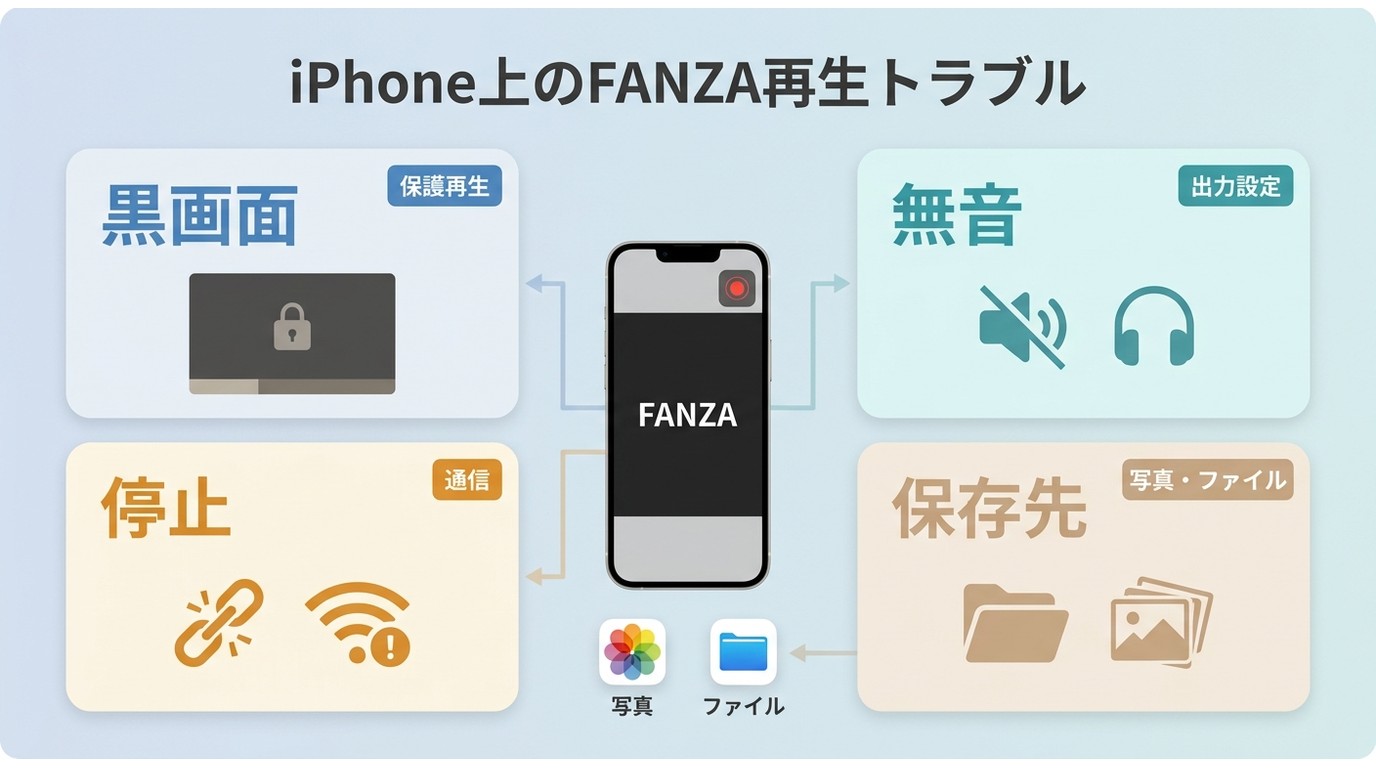 iPhoneでのFANZA録画トラブル4例と確認ポイントの対応図