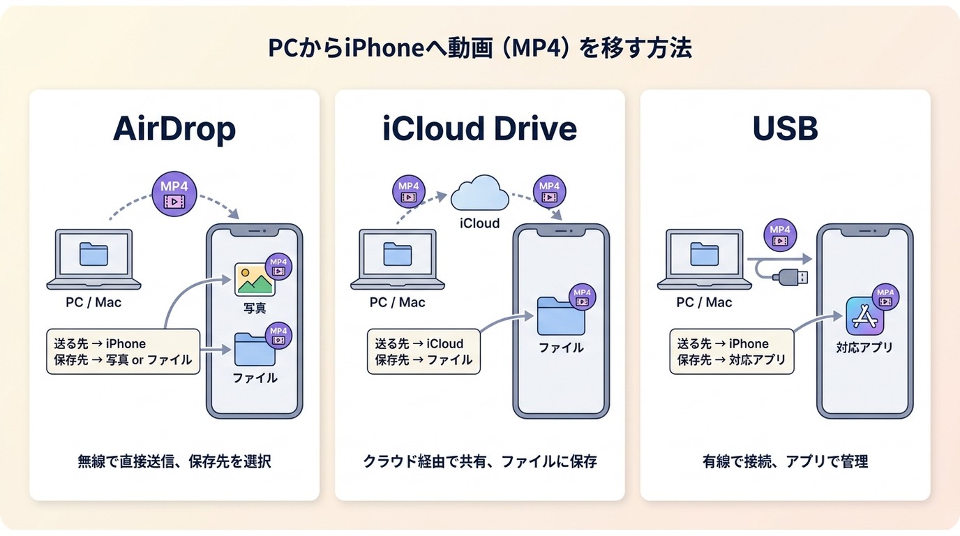 PCからiPhoneへ動画を移す方法と保存先の対応図