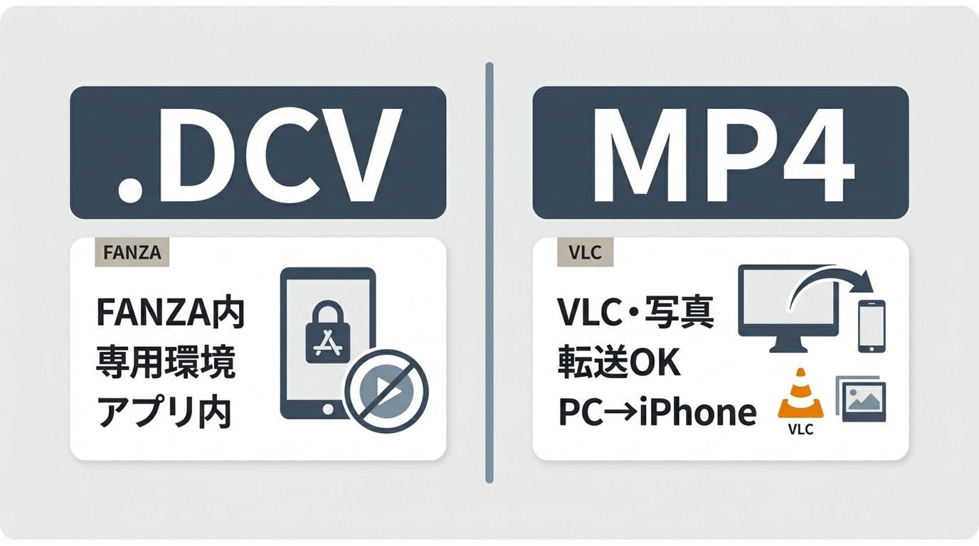 DCVとMP4の再生方法と保存先の違いを示す比較図