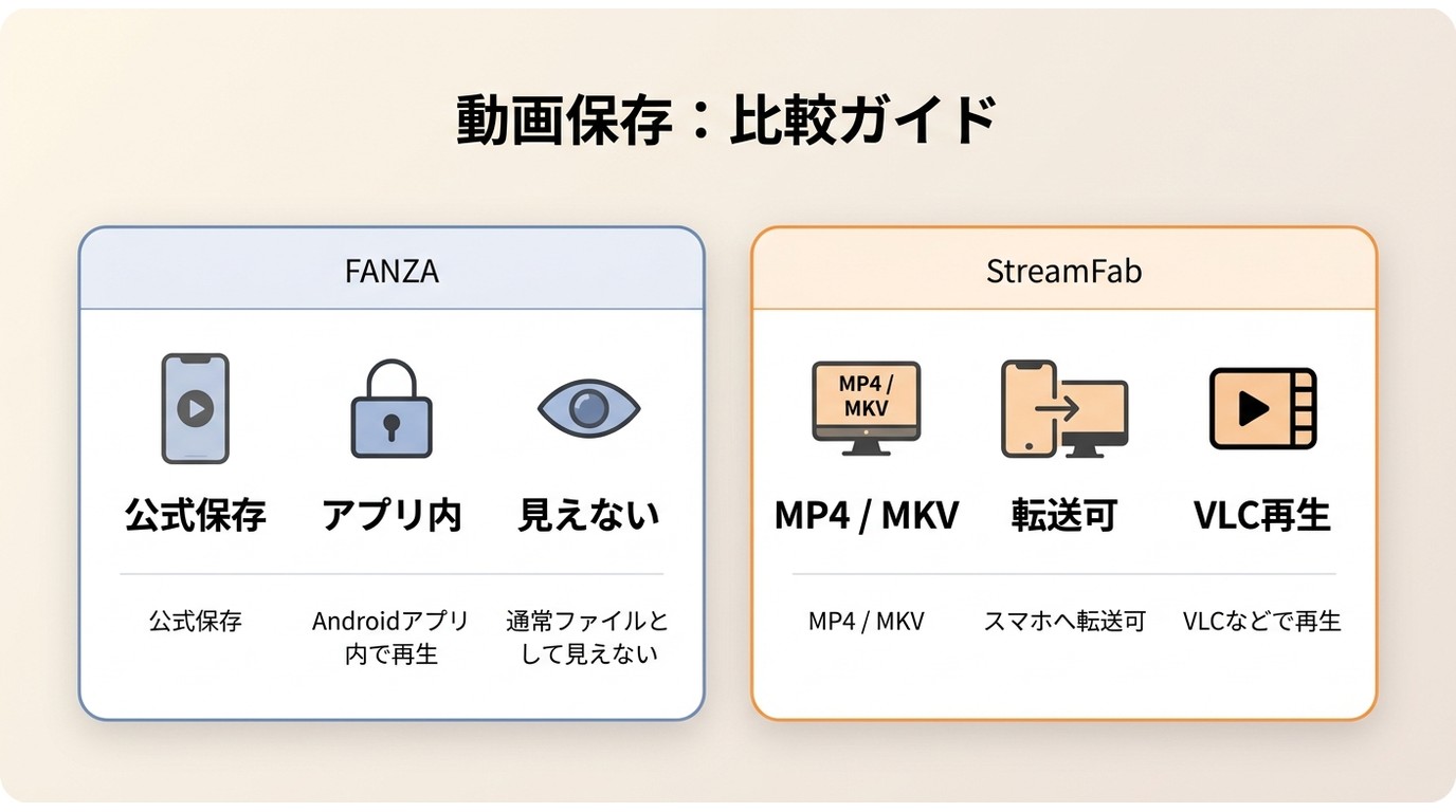 FANZA公式保存とStreamFabのMP4保存の違いを用途別に比較
