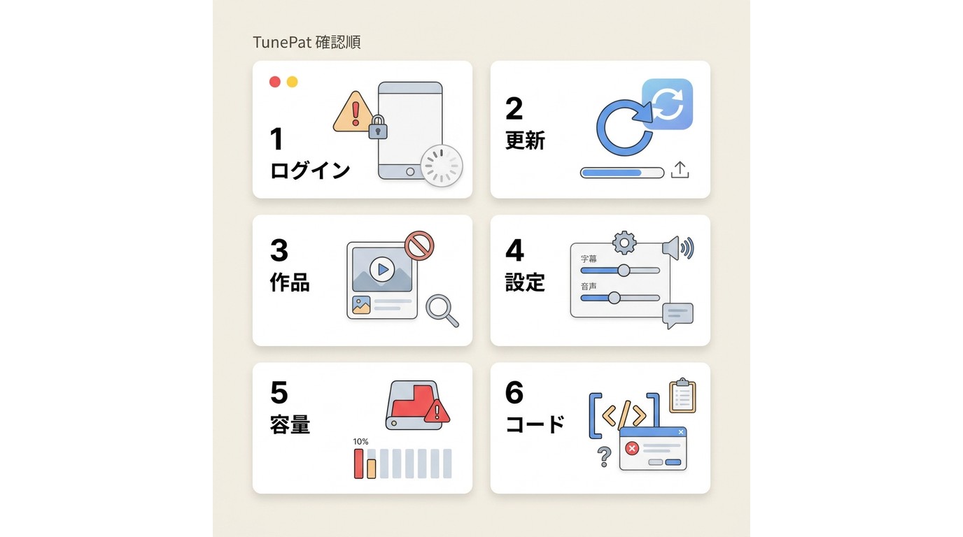 TunePatで保存できないときに確認する順番。ログイン、更新、作品、設定、容量、エラーコードを確認