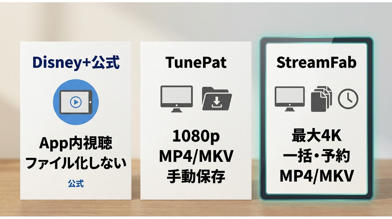 Disney+公式ダウンロードとTunePat・StreamFabの違いを、保存形式と使い方で比べた図