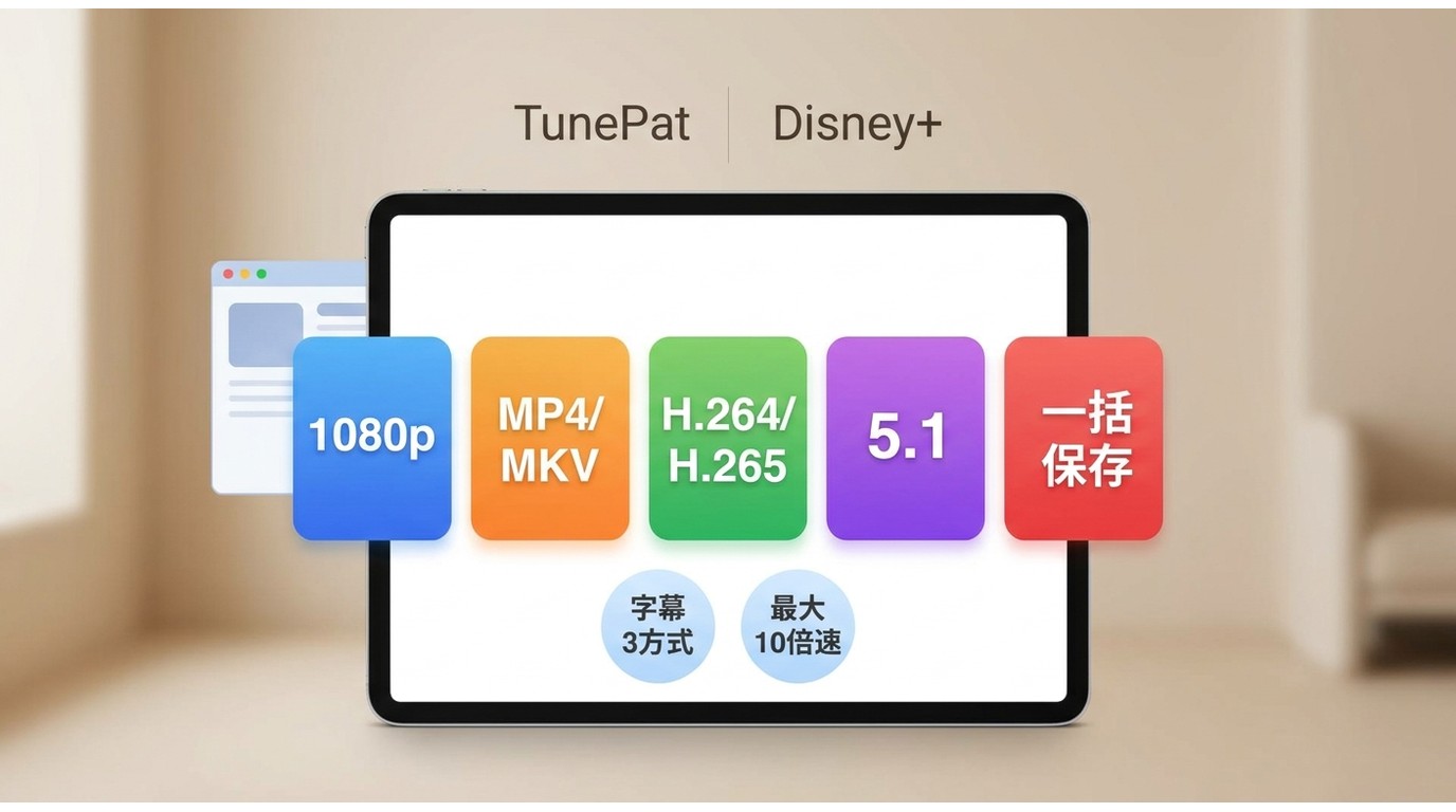 TunePat DisneyPlus Video Downloaderの対応仕様をまとめた一覧で、1080pやMP4/MKV対応が分かる