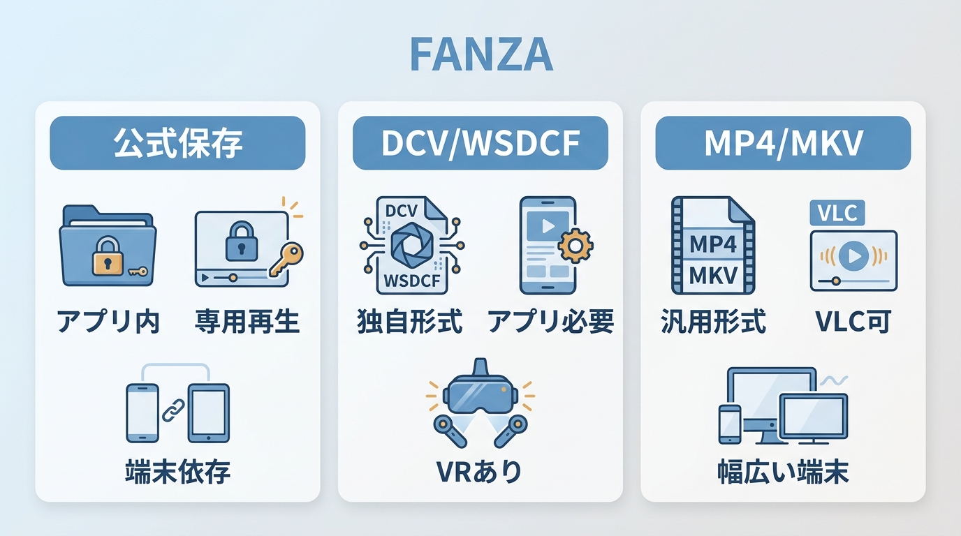 FANZAの公式保存データ、DCV・WSDCF、MP4・MKVの違いを示す比較図
