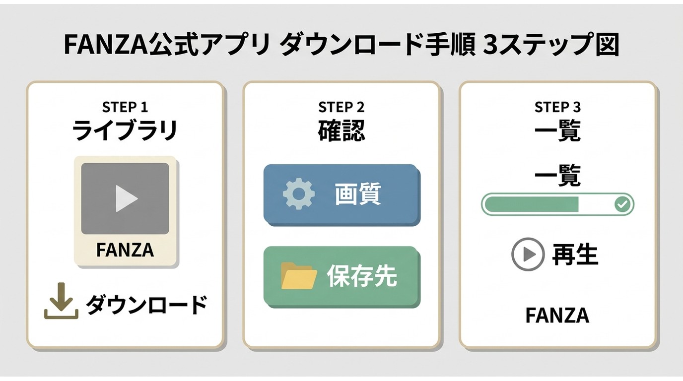 FANZA公式アプリで作品を保存し、アプリ内で再生確認する流れ