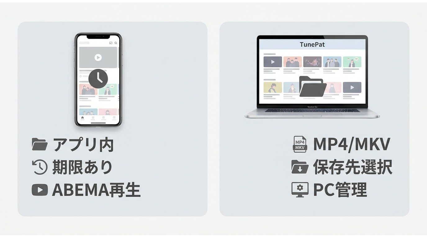 ABEMA公式保存とTunePatのPC保存の違いを示す比較図