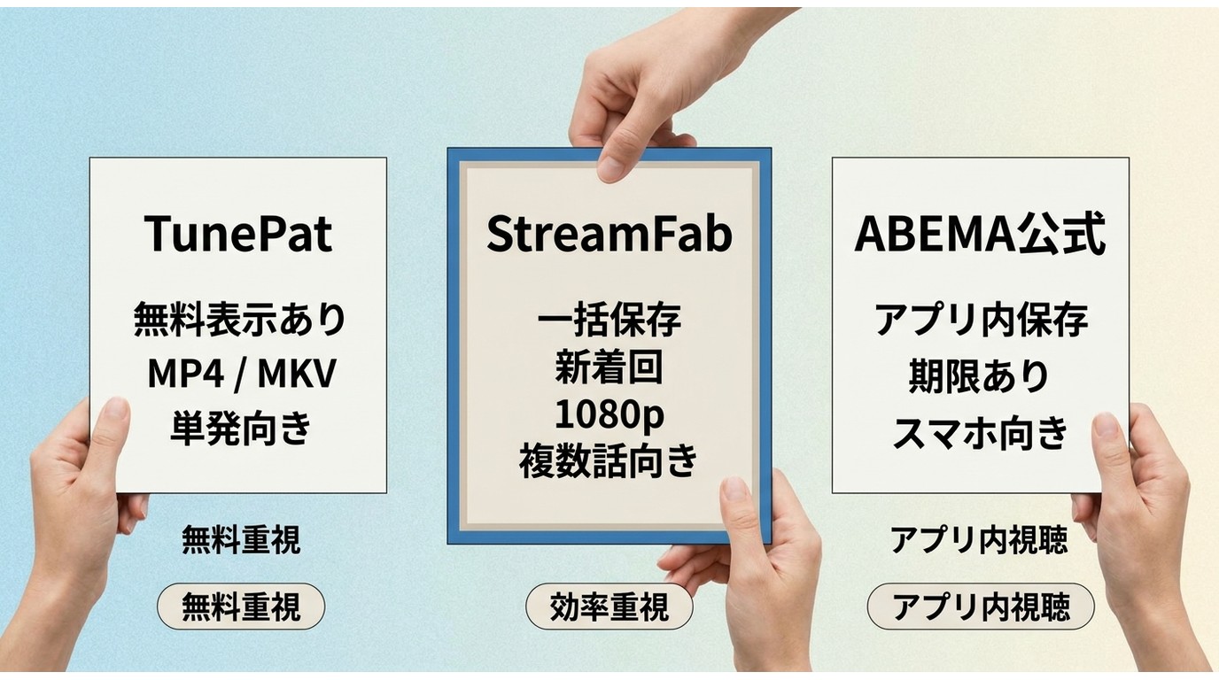 TunePatとStreamFabとABEMA公式保存の使い分け比較