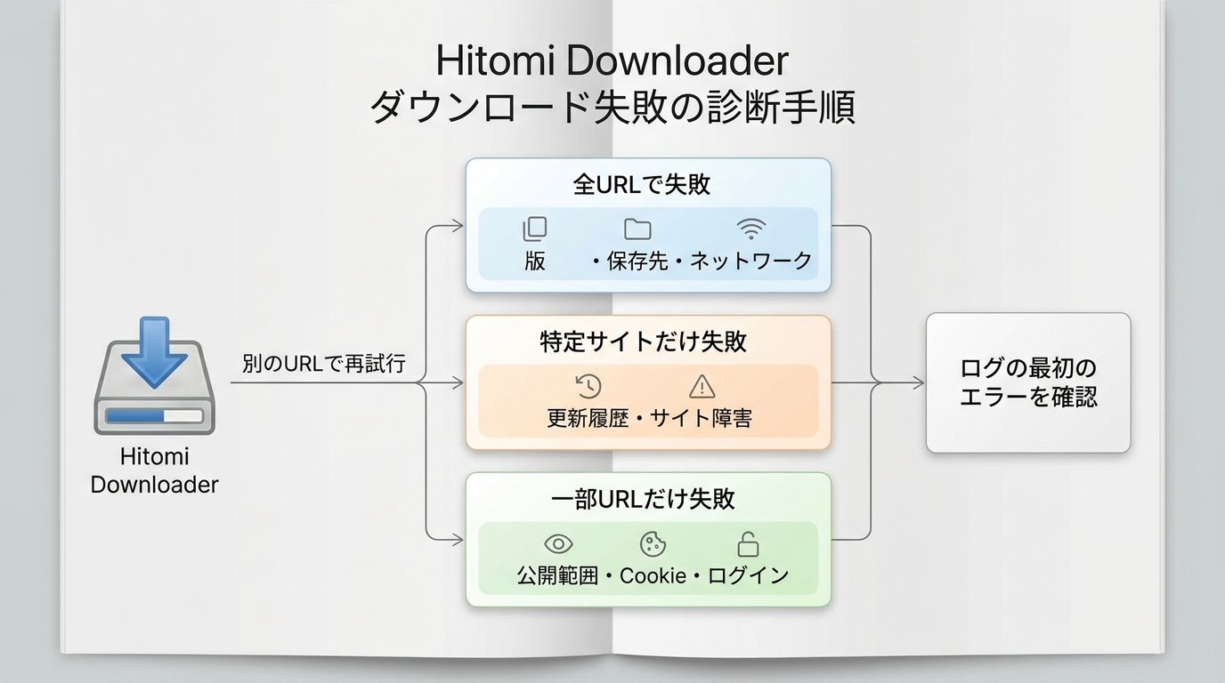 Hitomi Downloaderの失敗範囲から版、サイト障害、Cookieを確認する診断手順