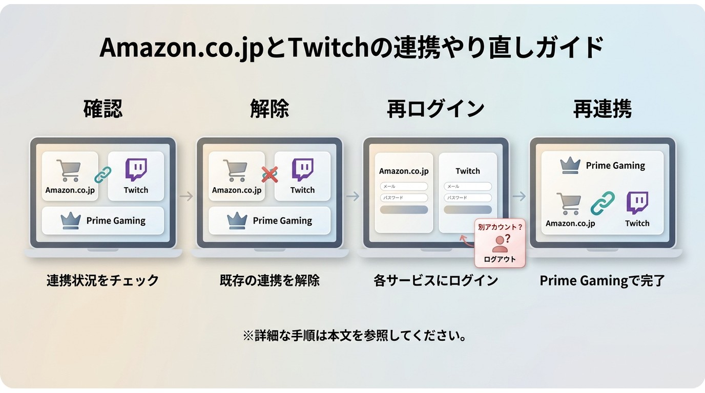 Amazon.co.jpとTwitchのPrime Gaming再連携で確認するログアウトから状態確認までの手順