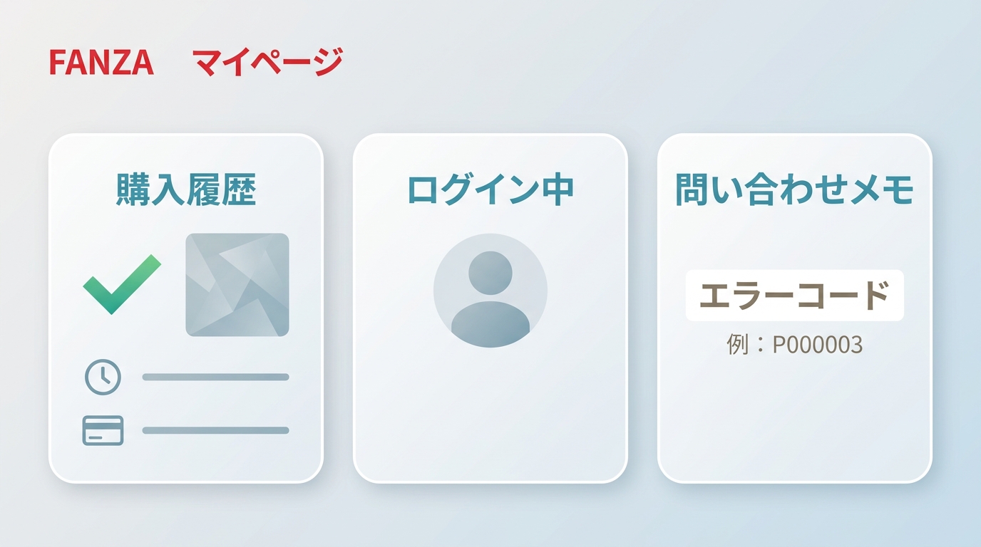 FANZAの購入履歴、ログインアカウント、P000003の確認箇所