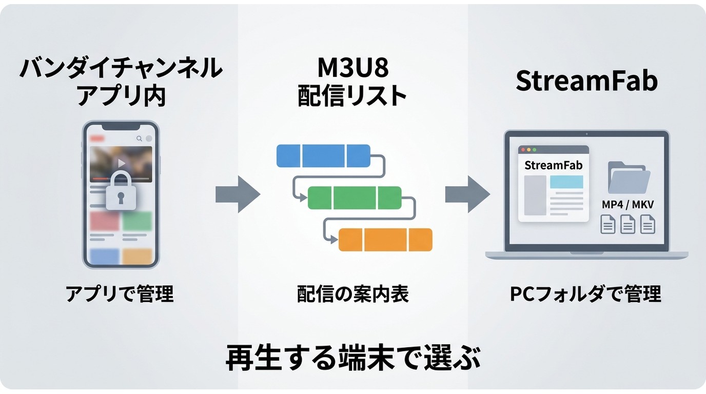 バンダイチャンネルのアプリ内データ、M3U8配信、PCのMP4・MKV管理の違い