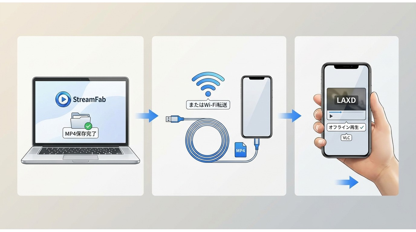 StreamFabでPC保存したLAXD動画をUSBまたはWi-Fi経由でスマホへ転送しオフライン再生する手順