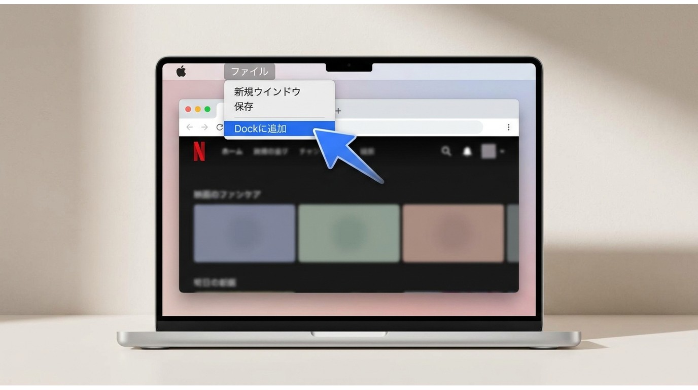 SafariのファイルメニューでNetflixを「Dockに追加」する操作箇所